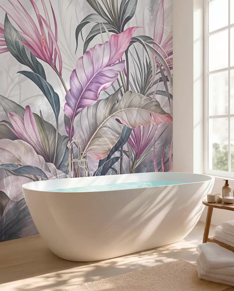 Papier peint Jungle tropicale avec de grandes feuilles vertes et des fleurs de protea roses sur fond texturé flou w08375v1