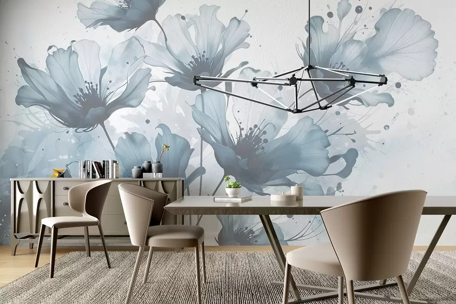 Papier peint Fleurs bleues délicates avec des pétales doux et flous et des éclaboussures d'aquarelle sur un fond clair w08376