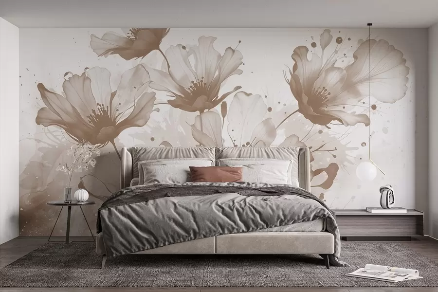 Papier peint Fleurs brunes délicates avec des pétales doux et flous et des éclaboussures d'aquarelle sur un fond clair w08376v1