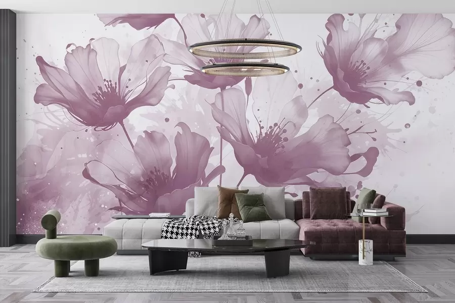 Papier peint Fleurs roses délicates avec des pétales doux et flous et des éclaboussures d'aquarelle sur un fond clair w08376v2