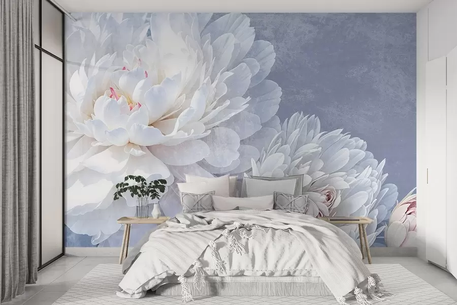 Papier peint Fleurs de pivoines blanches détaillées aux pétales doux et délicats sur un fond texturé bleu pastel clair w08379