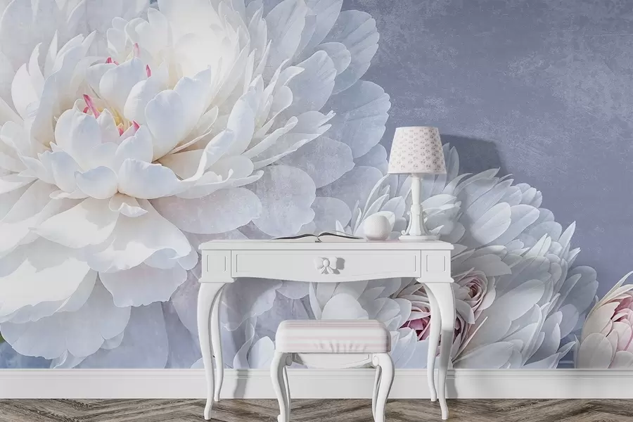 Papier peint Fleurs de pivoines blanches détaillées aux pétales doux et délicats sur un fond texturé bleu pastel clair w08379