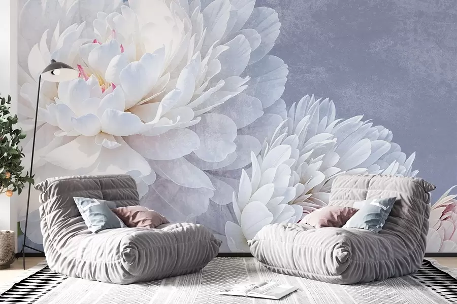 Papier peint Fleurs de pivoines blanches détaillées aux pétales doux et délicats sur un fond texturé bleu pastel clair w08379