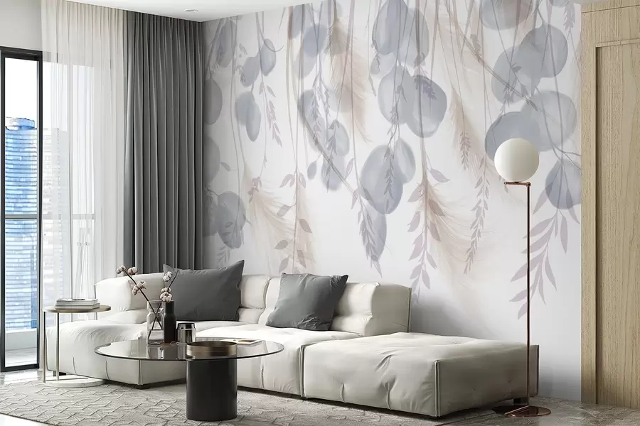 Papier peint De délicates feuilles d'eucalyptus bleues et beige pastel tombent, créant une atmosphère sereine et apaisante w08380v1