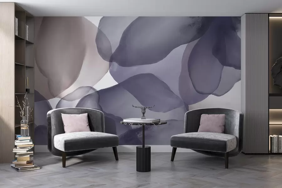 Papier peint Formes florales abstraites en violet foncé et beige, formes douces et organiques avec une impression de mouvement et de fluidité w08381