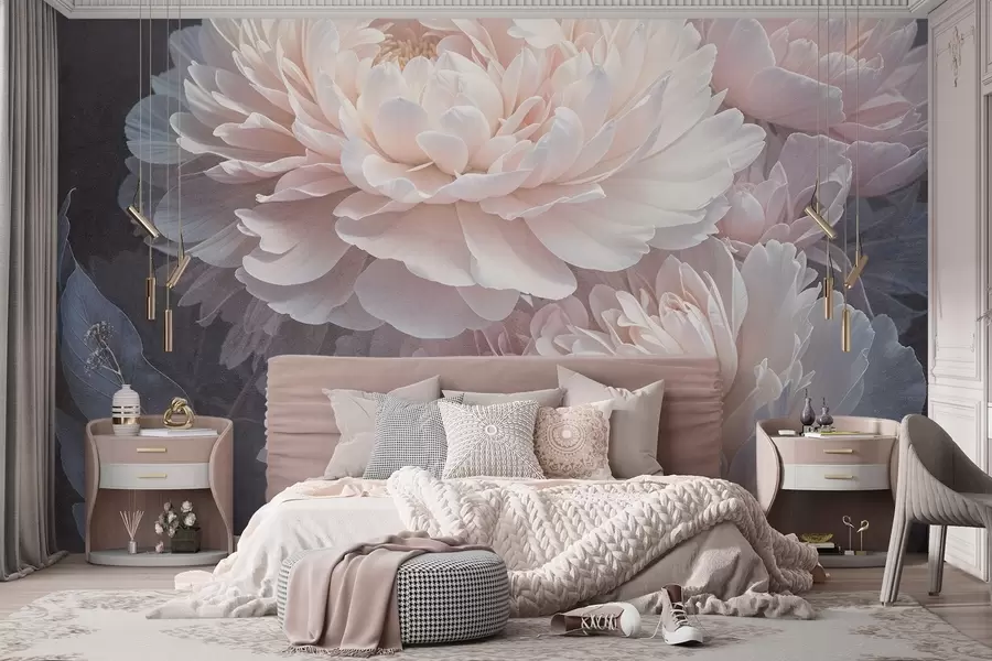 Papier peint Gros plan de deux grandes pivoines roses délicates aux pétales et aux feuilles douces et duveteuses sur un fond flou w08382