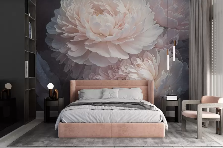 Papier peint Gros plan de deux grandes pivoines roses délicates aux pétales et aux feuilles douces et duveteuses sur un fond flou w08382