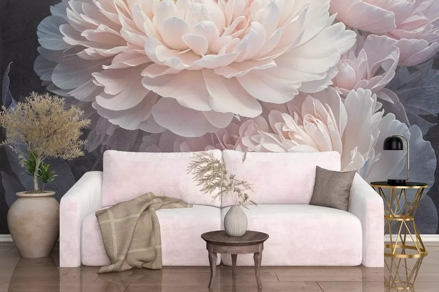 Papier peint Gros plan de deux grandes pivoines roses délicates aux pétales et aux feuilles douces et duveteuses sur un fond flou w08382