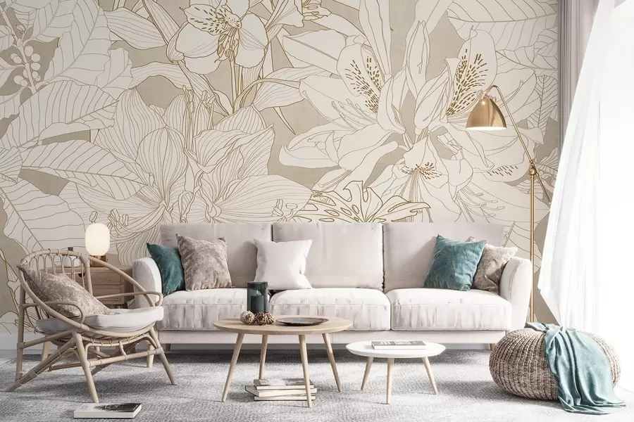 Papier peint Imprimé floral détaillé jaune pastel avec différents types de fleurs et de feuilles, un motif botanique luxuriant et complexe w08385v1