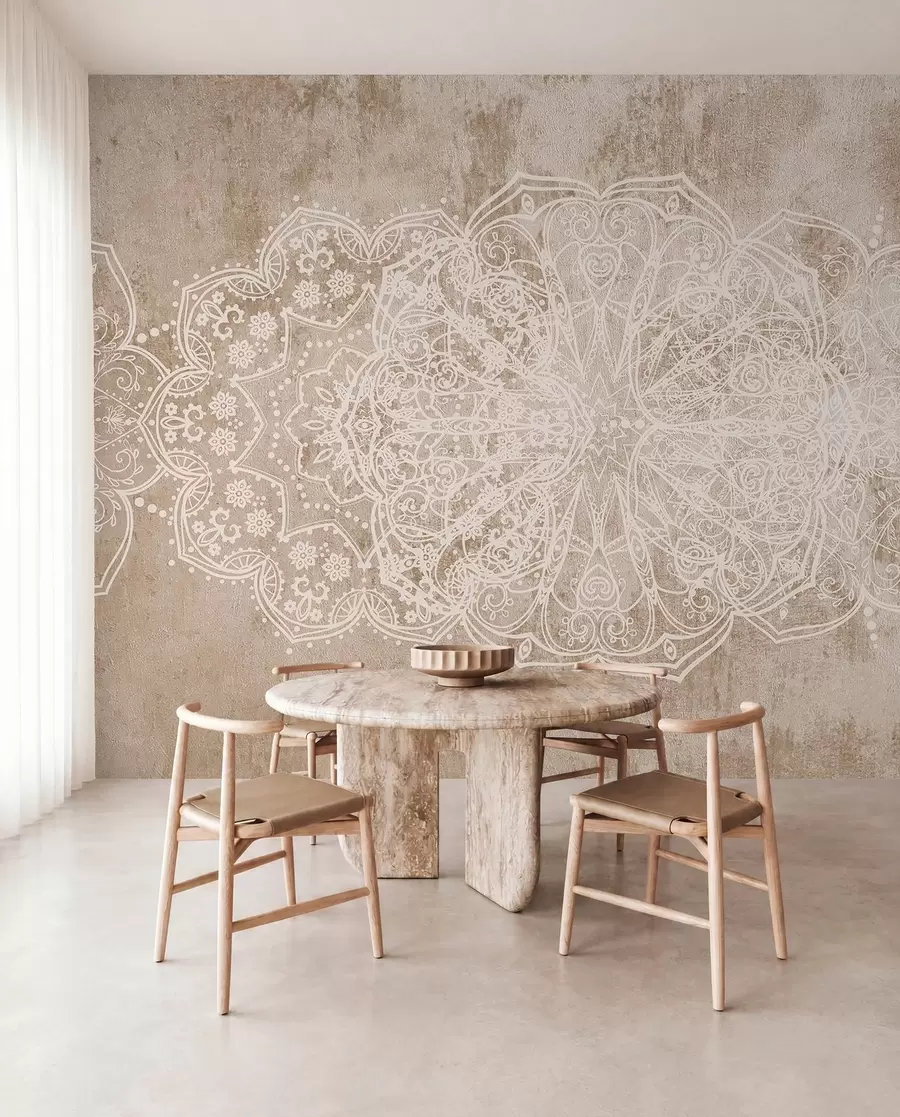 Papier peint Un motif de mandala en dentelle blanche, détaillé et complexe, sur un fond mural beige-brun texturé w08387v1