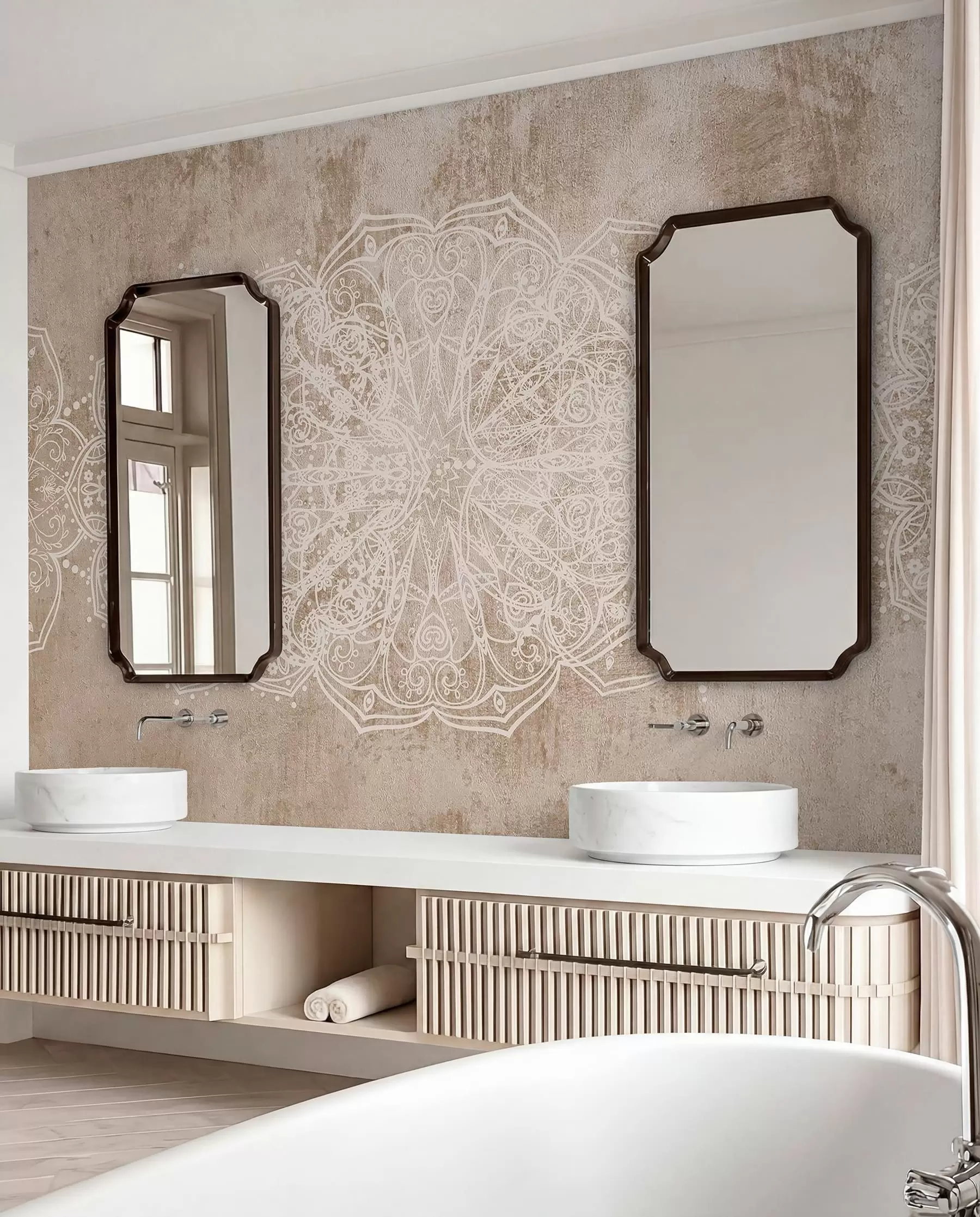 Papier peint Un motif de mandala en dentelle blanche, détaillé et complexe, sur un fond mural beige-brun texturé w08387v1
