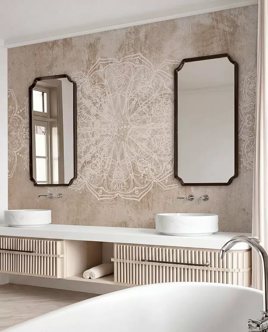 Papier peint Un motif de mandala en dentelle blanche, détaillé et complexe, sur un fond mural beige-brun texturé w08387v1
