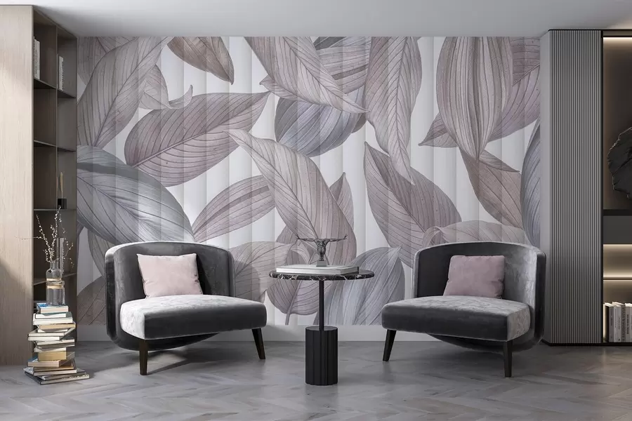 Papier peint Feuilles abstraites détaillées dans des tons de bleu, de gris et de rose pastel sur un fond clair w08388v1