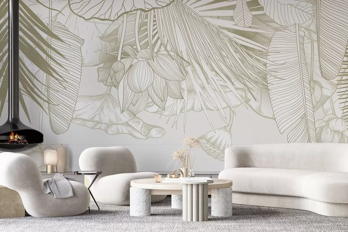 Papier peint Vue rapprochée d'un imprimé floral beige avec de grands pétales et des feuilles qui se chevauchent dans une couleur monochrome w08389