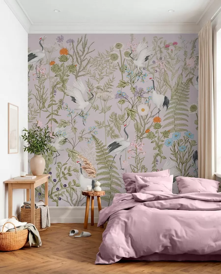 Papier peint Des grues élégantes au milieu de fleurs éclatantes w00380v3