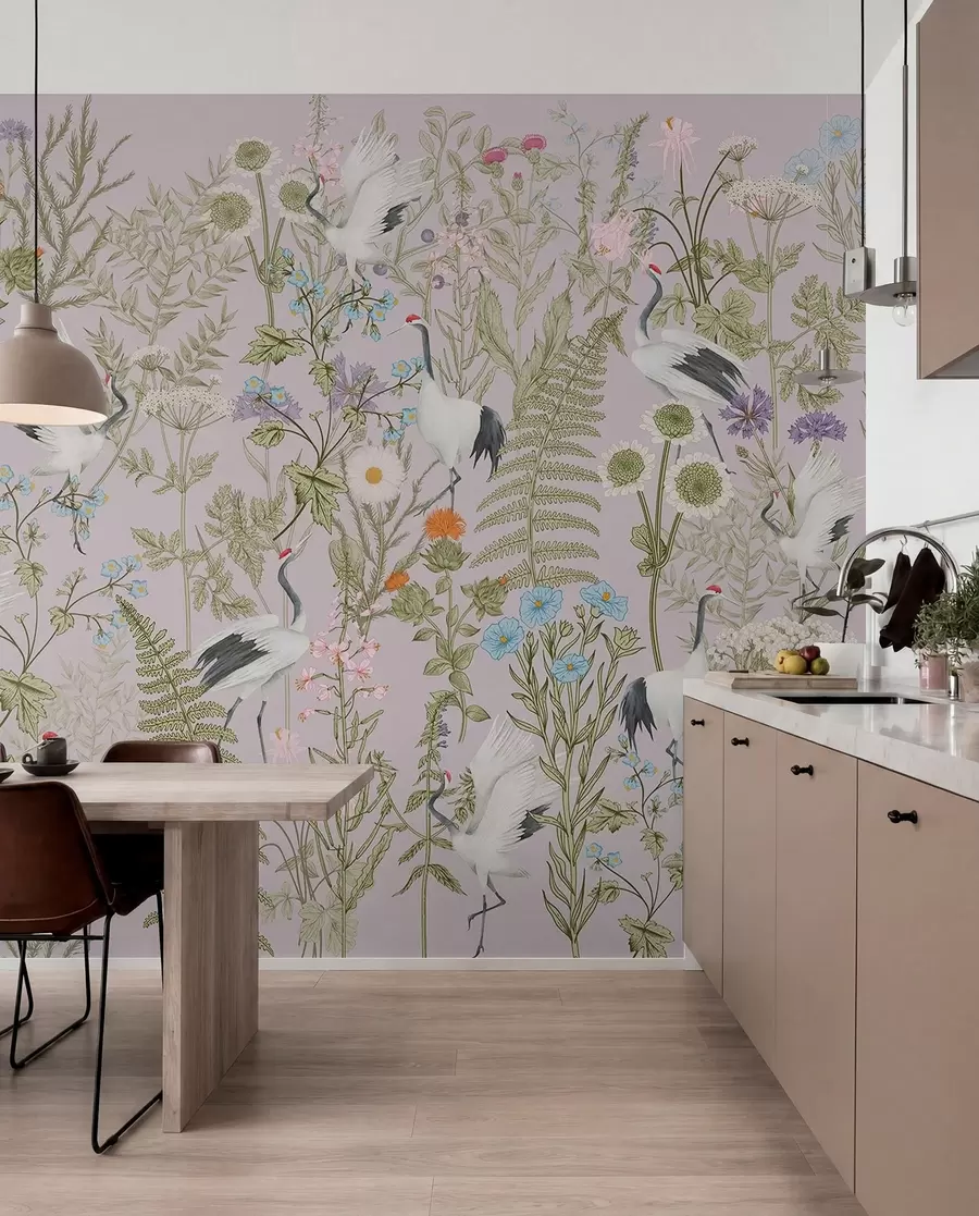 Papier peint Des grues élégantes au milieu de fleurs éclatantes w00380v3