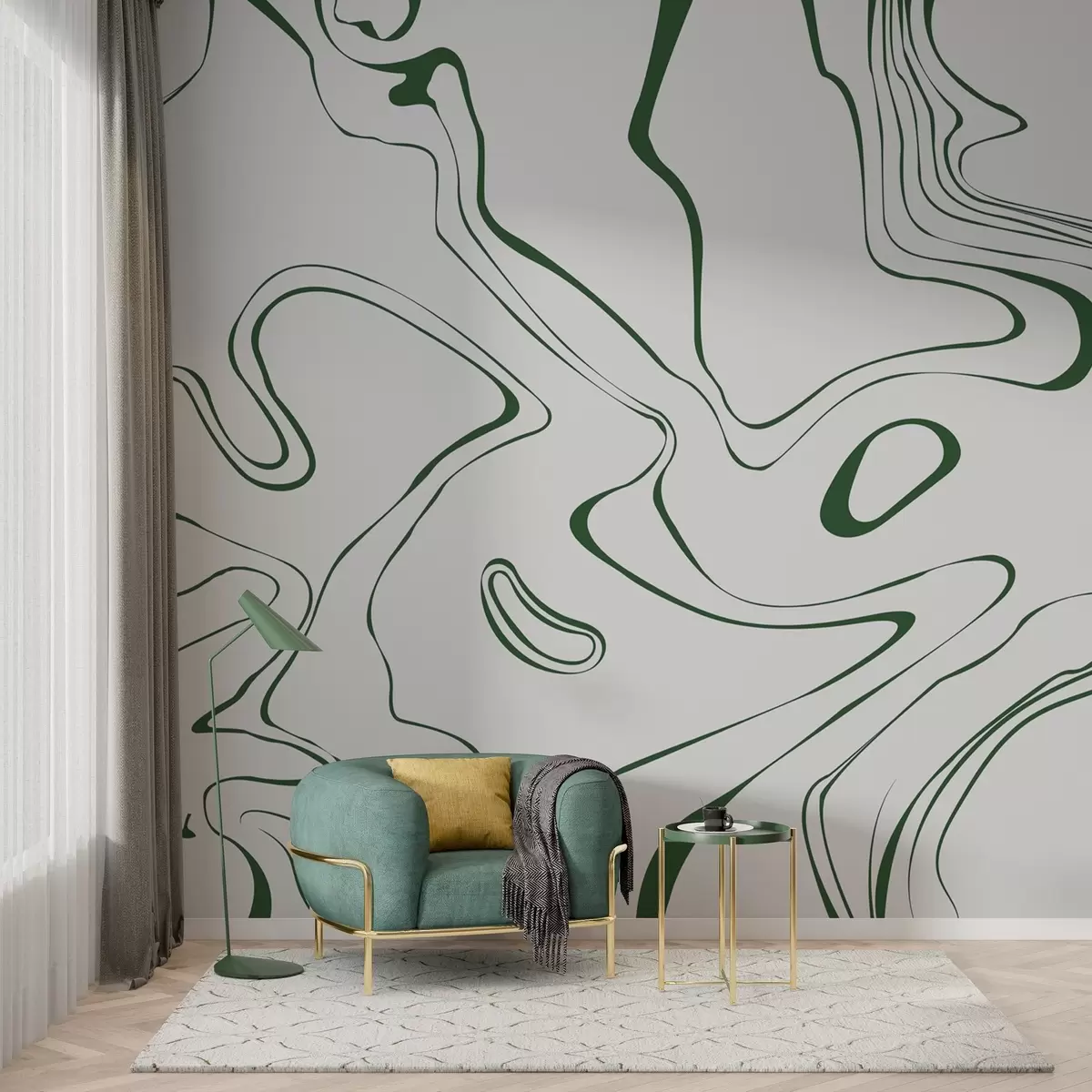 Papier peint Lignes fluides en vert et blanc w00634v3