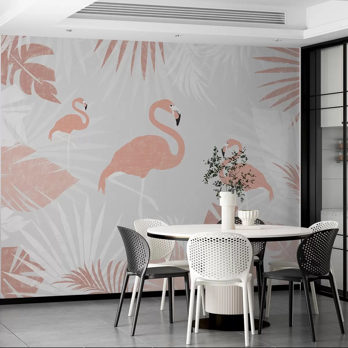 Papier peint Motif de flamants roses parmi des feuilles tropicales w00791