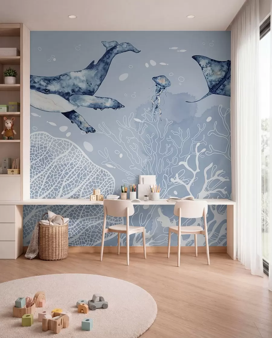 Papier peint Baleine sur corail blanc w00848