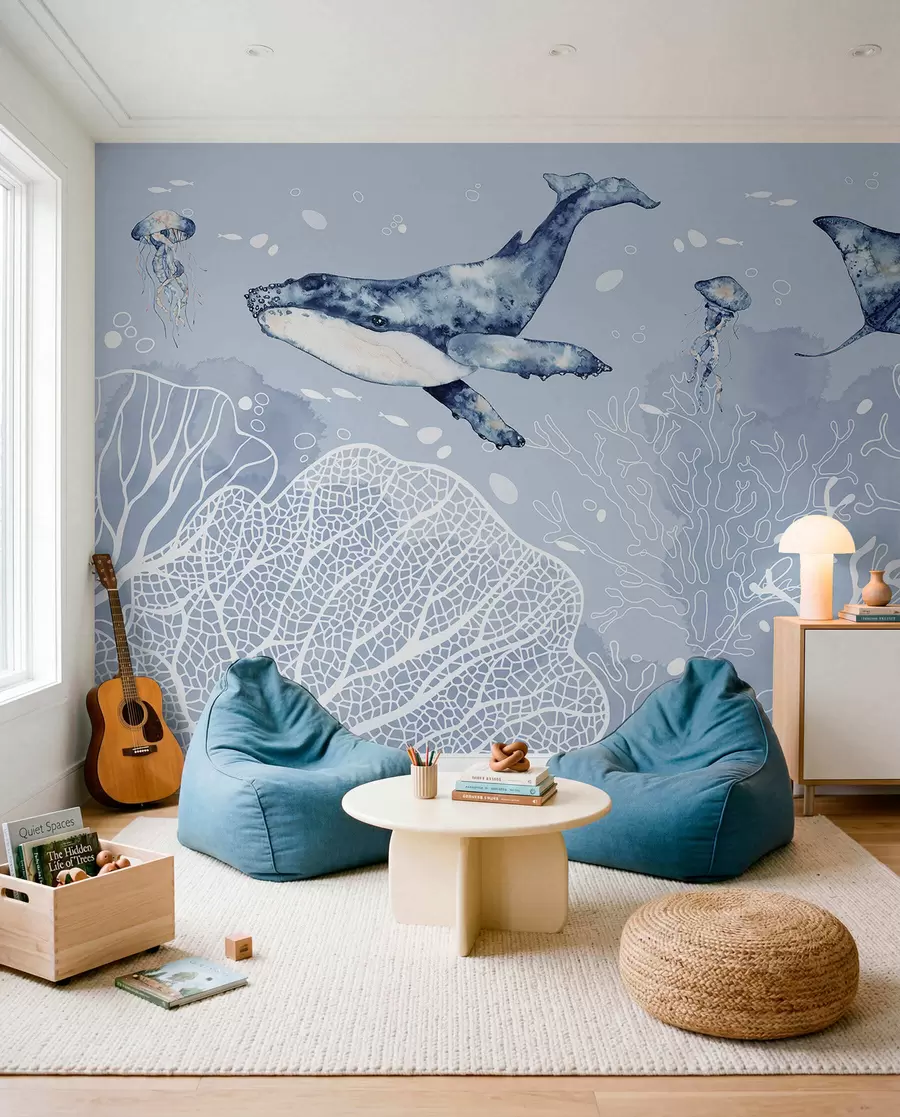 Papier peint Baleine sur corail blanc w00848