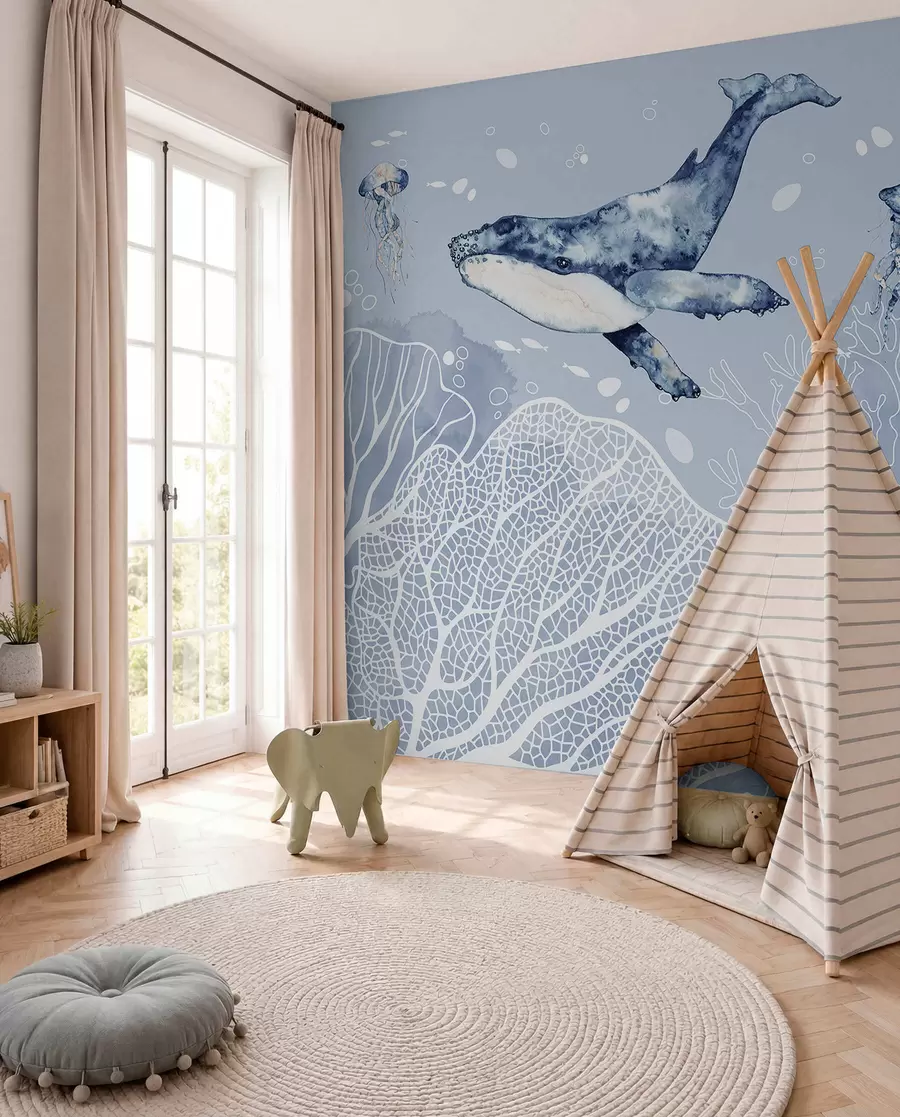 Papier peint Baleine sur corail blanc w00848
