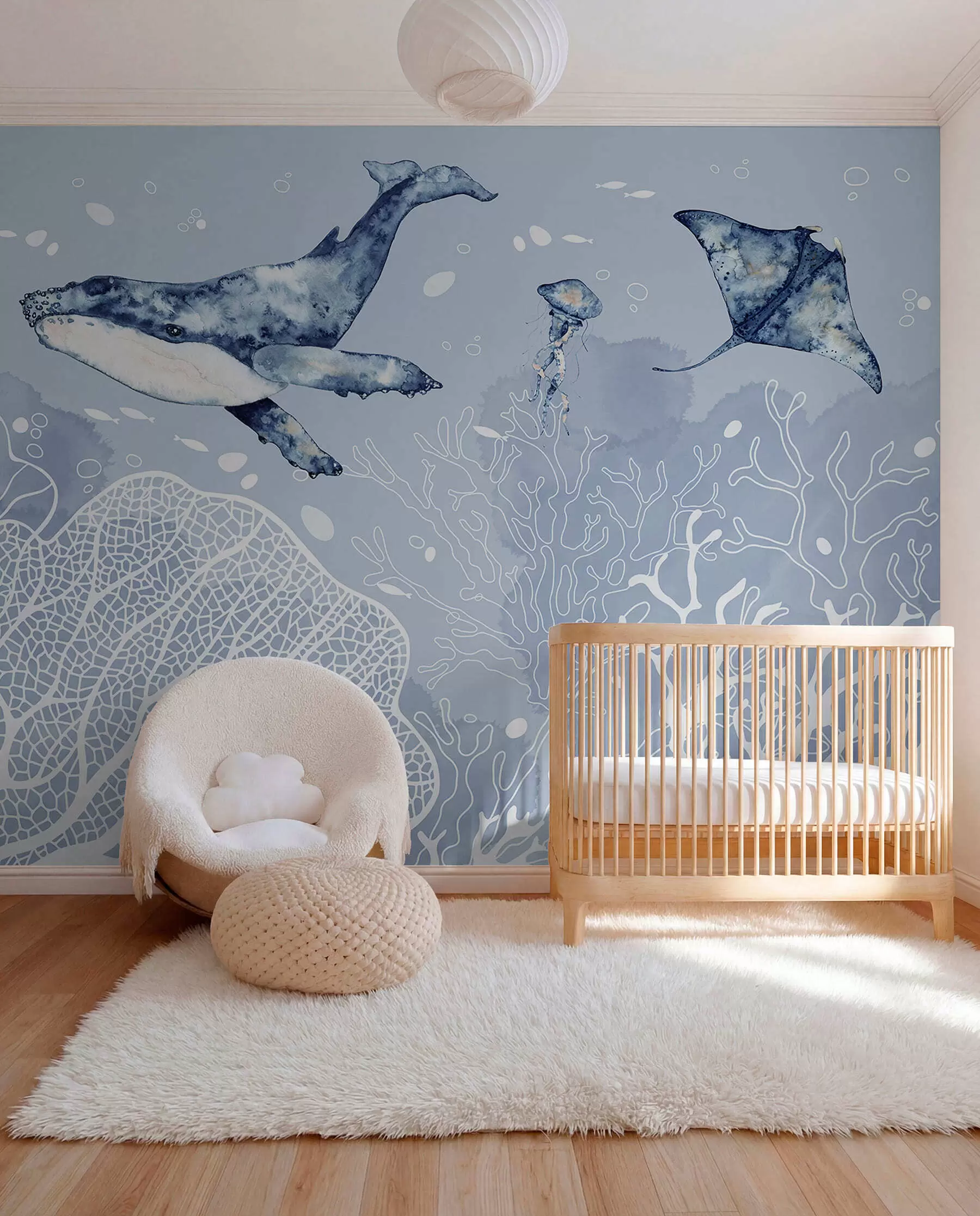 Papier peint Baleine sur corail blanc w00848