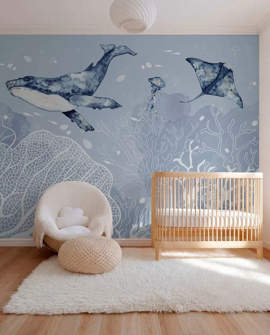 Papier peint Baleine sur corail blanc w00848