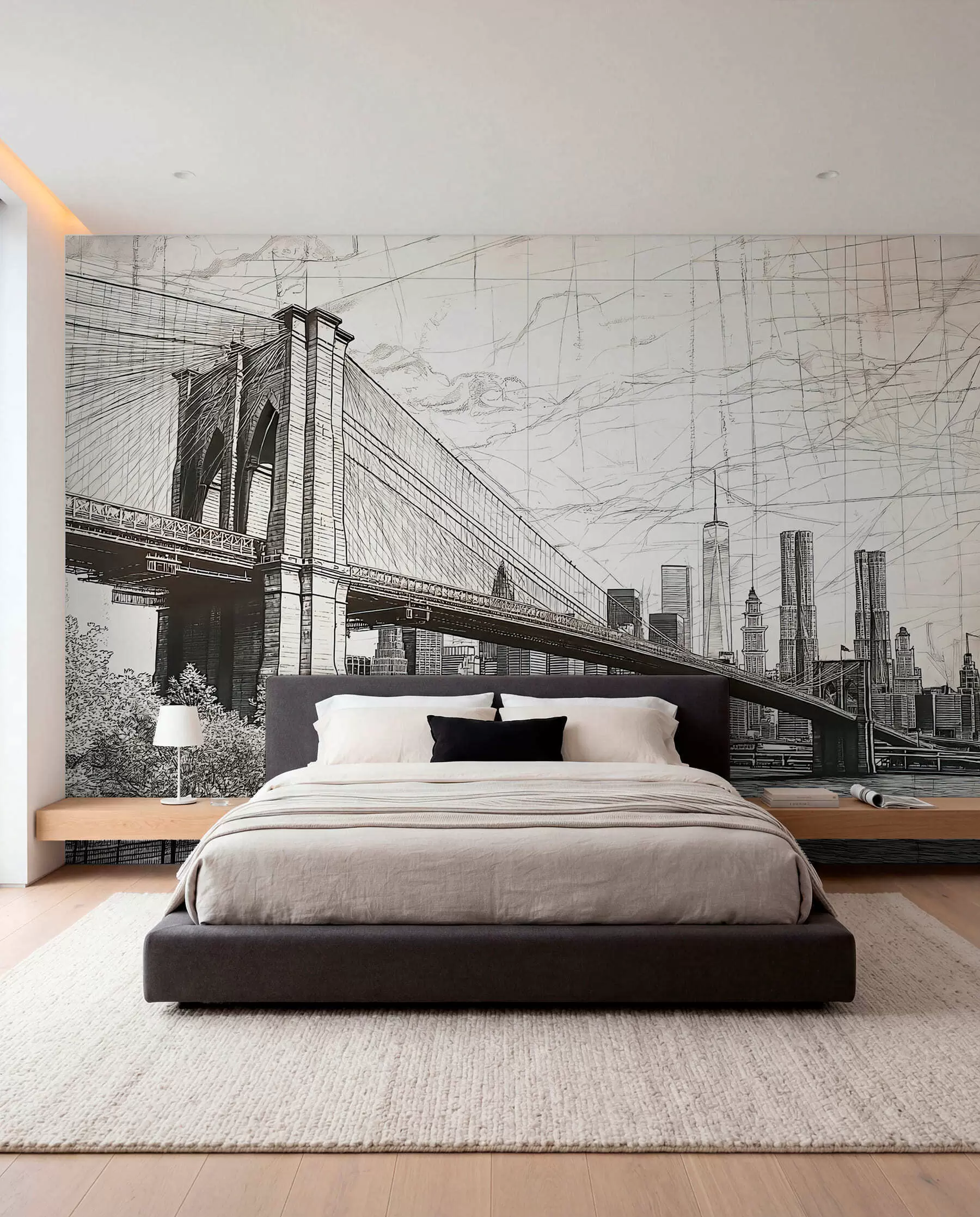 Papier peint Panorama du pont de Brooklyn réalisé avec une technique de croquis rétro avec des lignes et des rayures w01961