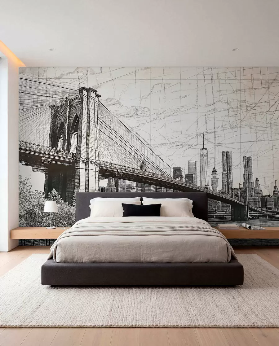 Papier peint Panorama du pont de Brooklyn réalisé avec une technique de croquis rétro avec des lignes et des rayures w01961