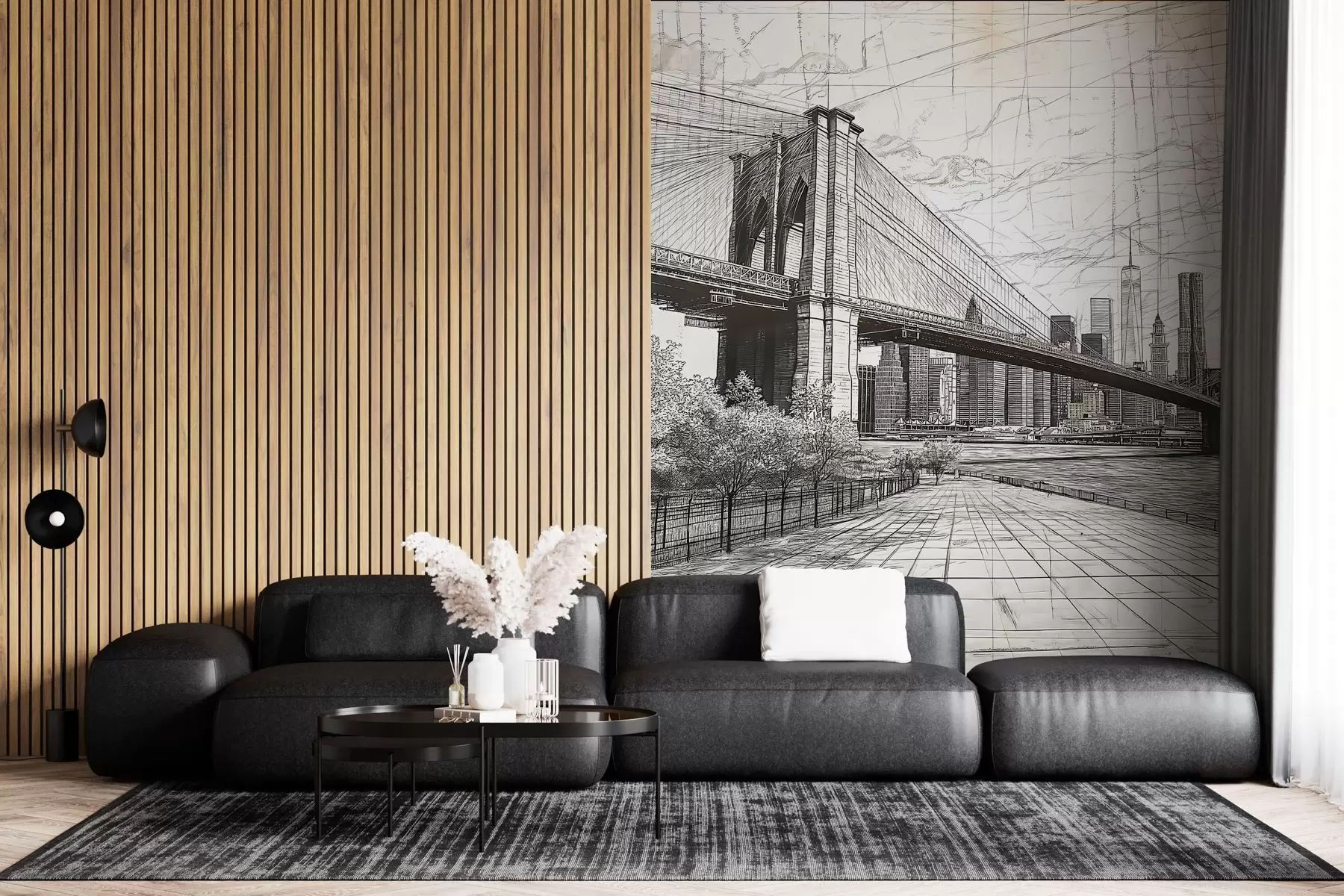 Papier peint Panorama du pont de Brooklyn réalisé avec une technique de croquis rétro avec des lignes et des rayures w01961