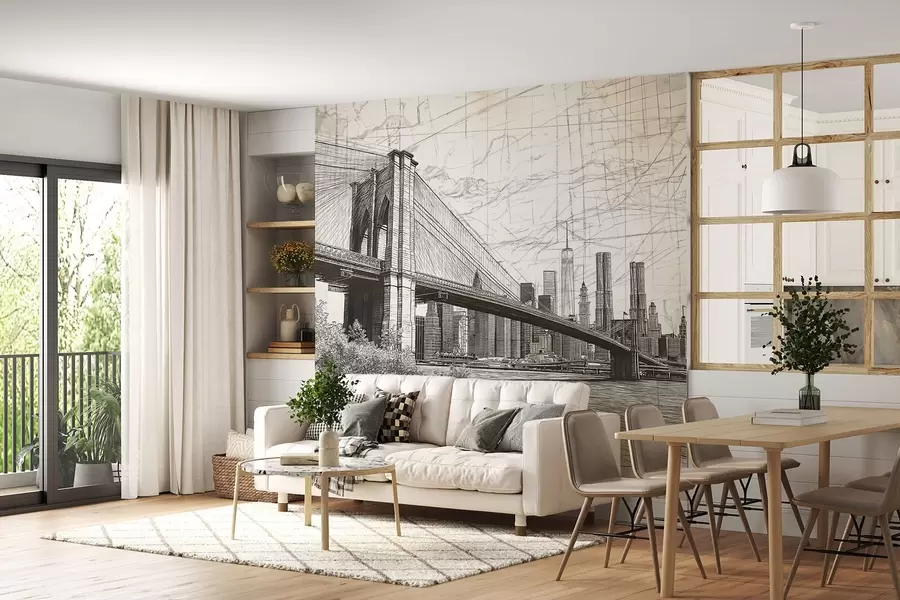 Papier peint Panorama du pont de Brooklyn réalisé avec une technique de croquis rétro avec des lignes et des rayures w01961