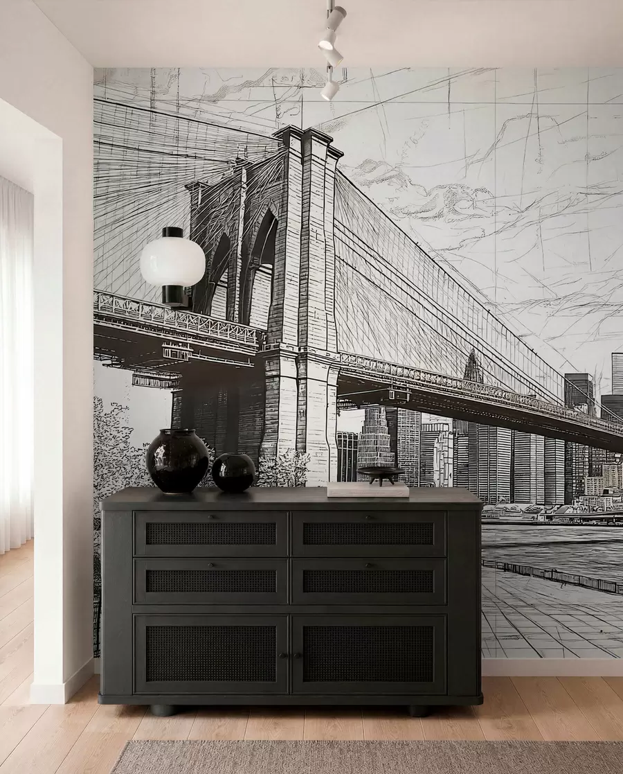 Papier peint Panorama du pont de Brooklyn réalisé avec une technique de croquis rétro avec des lignes et des rayures w01961