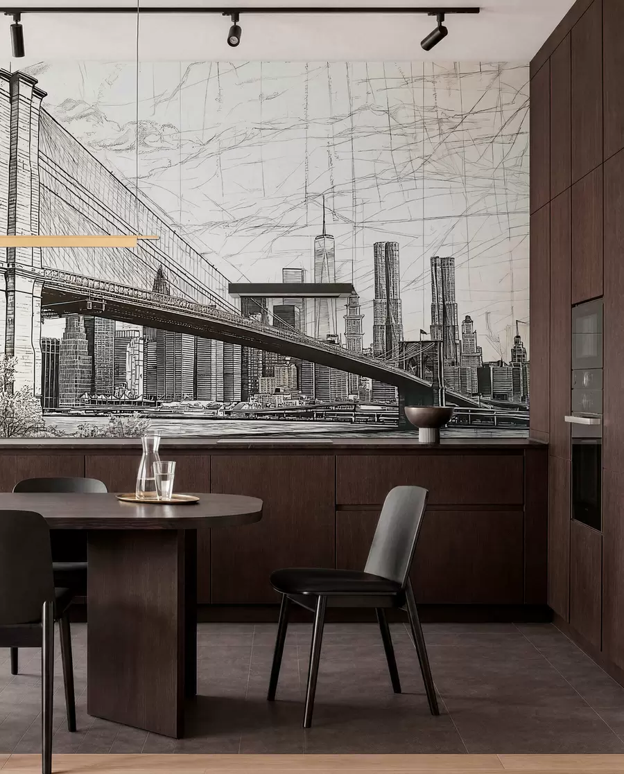 Papier peint Panorama du pont de Brooklyn réalisé avec une technique de croquis rétro avec des lignes et des rayures w01961