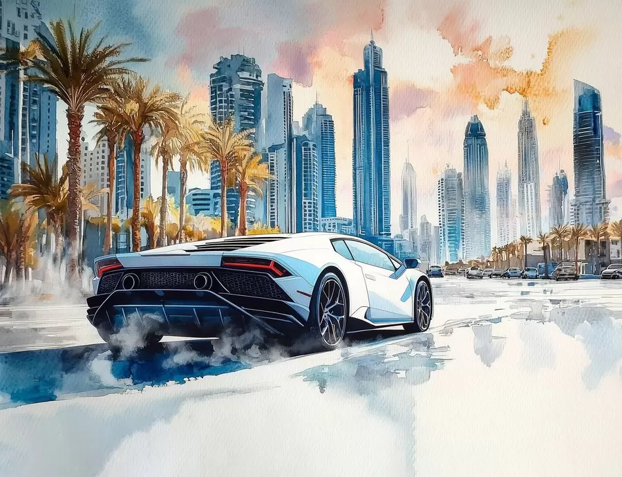 Papier peint Une voiture de sport moderne blanche roulant sur fond de palmiers et de gratte-ciel en technique d'aquarelle libre w01963
