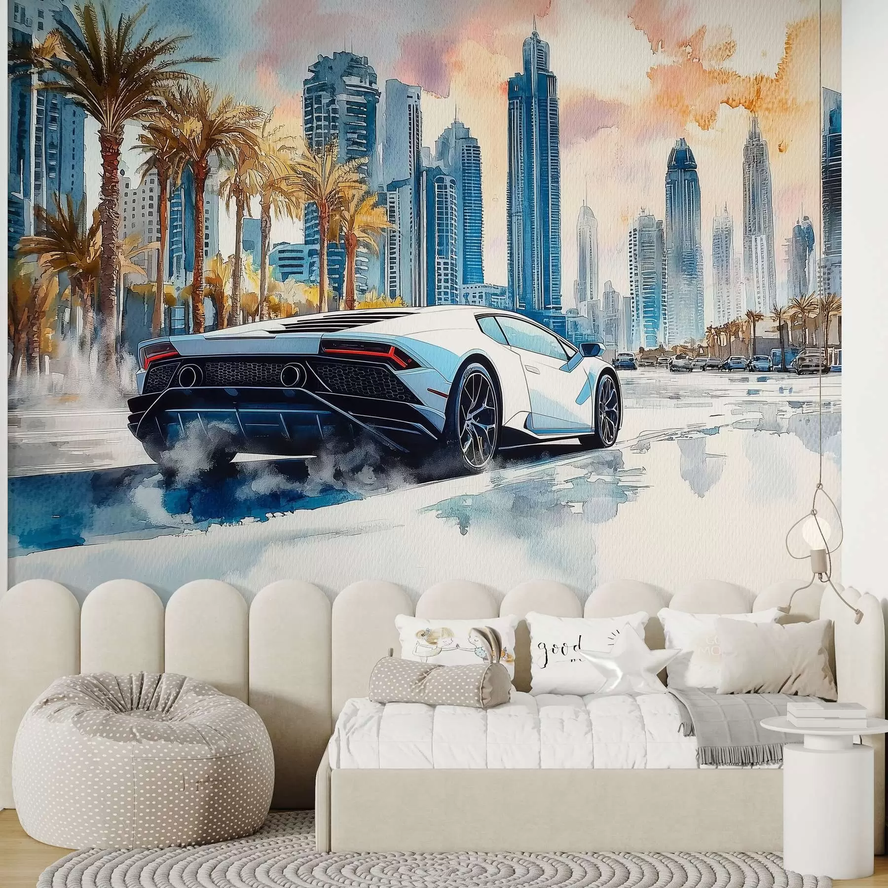 Tableau Une voiture de sport moderne blanche roulant sur fond de palmiers et de gratte-ciel en technique d'aquarelle libre w01963