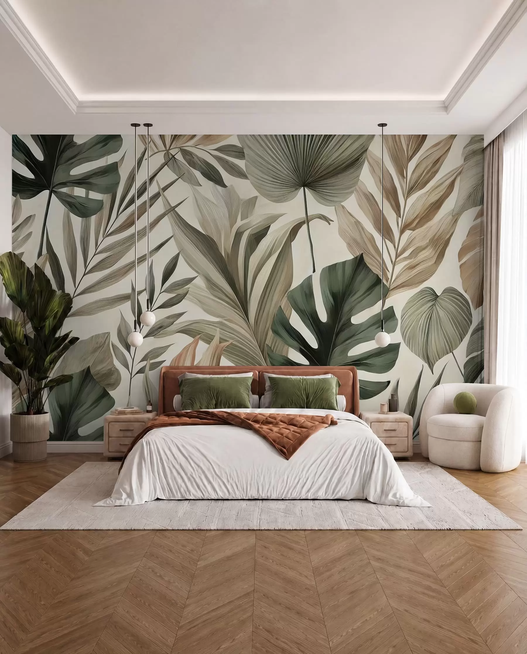 Papier peint Grandes feuilles tropicales dans des tons pastel délicats et sobres w02082