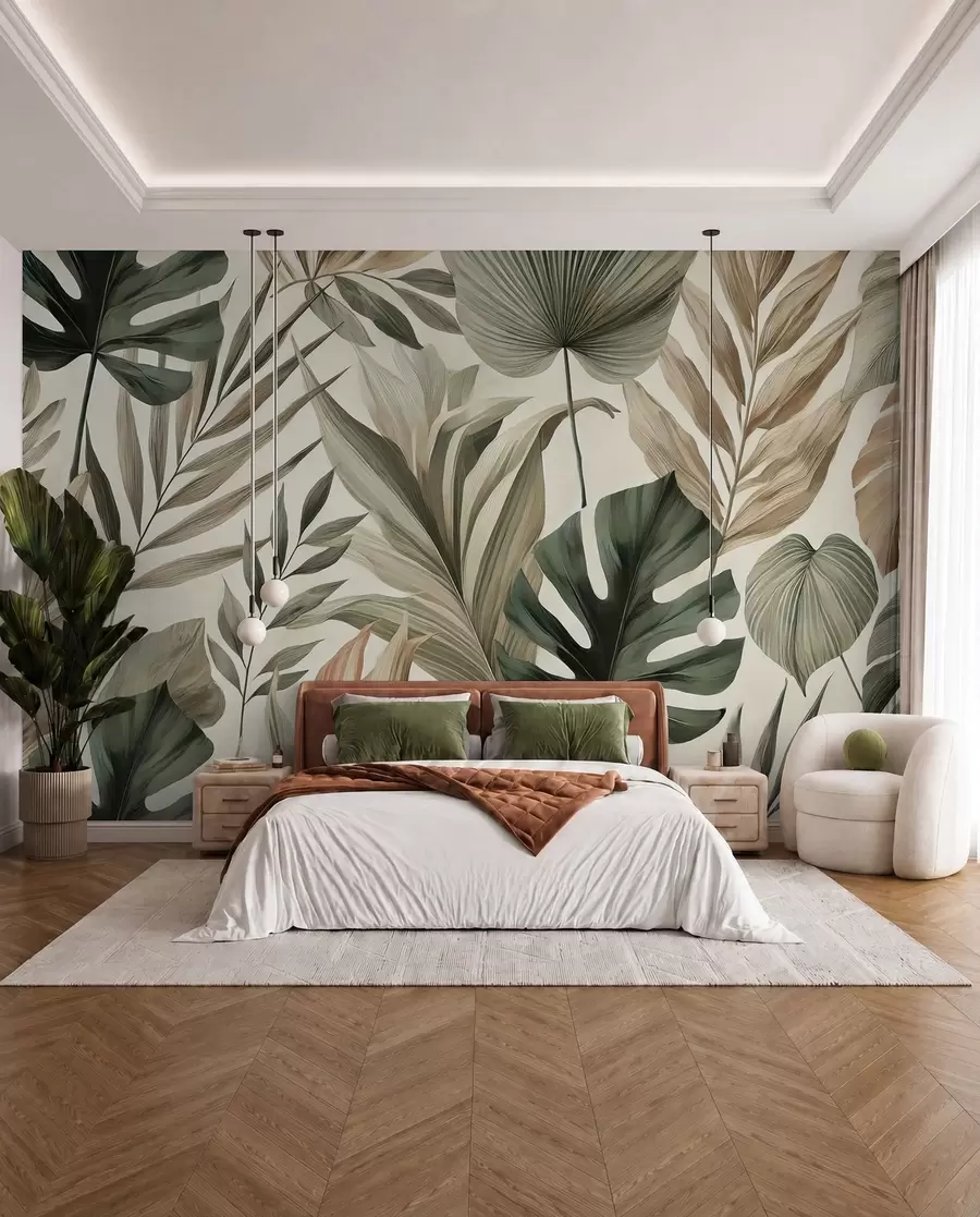 Papier peint Grandes feuilles tropicales dans des tons pastel délicats et sobres w02082