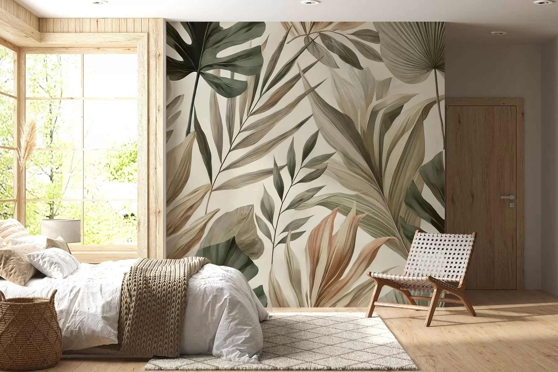 Papier peint Grandes feuilles tropicales dans des tons pastel délicats et sobres w02082