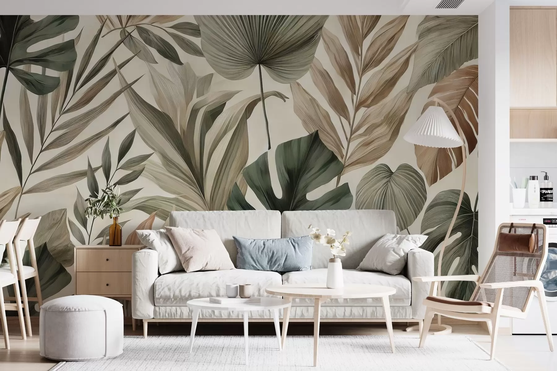 Papier peint Grandes feuilles tropicales dans des tons pastel délicats et sobres w02082