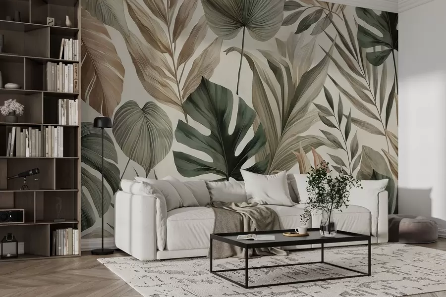 Papier peint Grandes feuilles tropicales dans des tons pastel délicats et sobres w02082