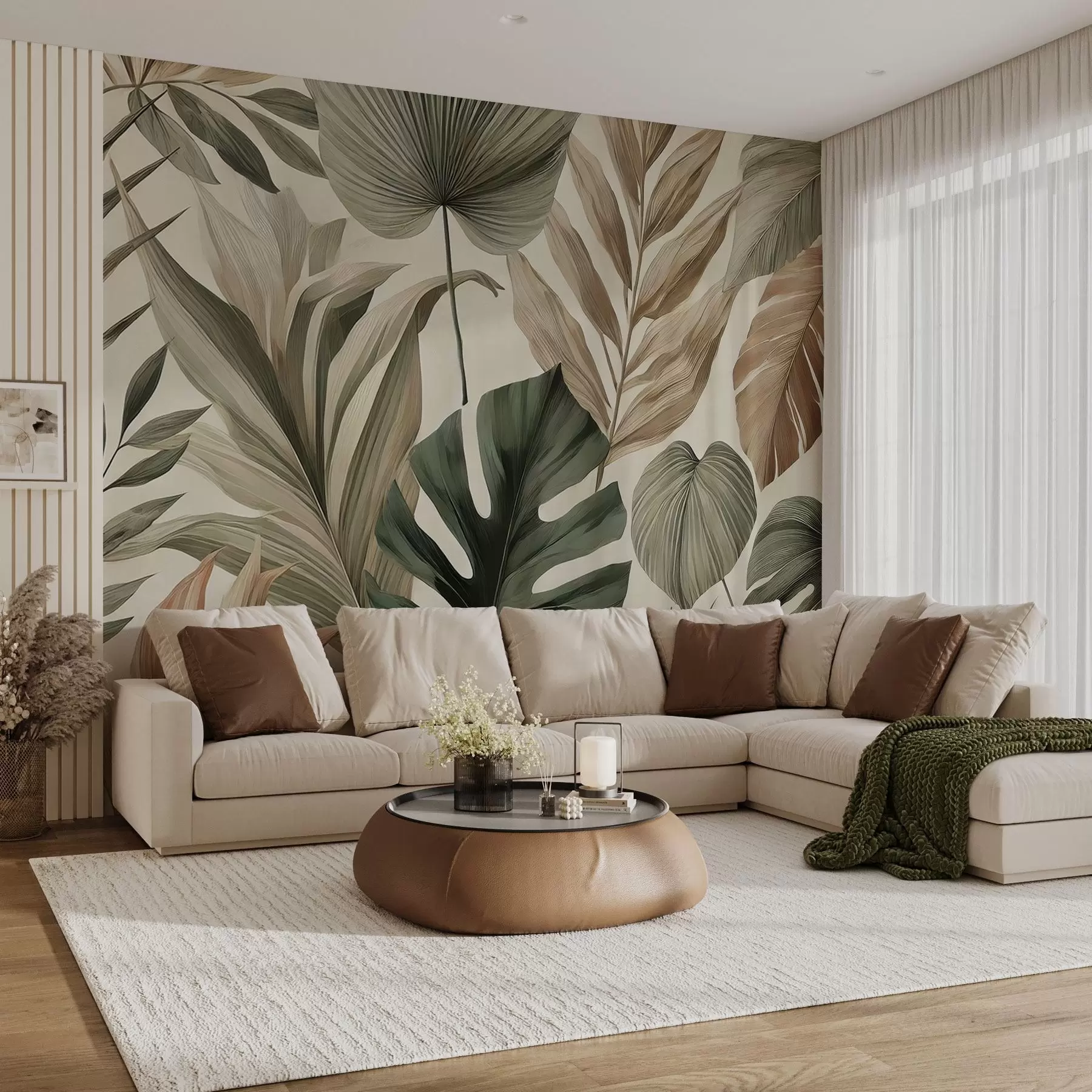 Papier peint Grandes feuilles tropicales dans des tons pastel délicats et sobres w02082