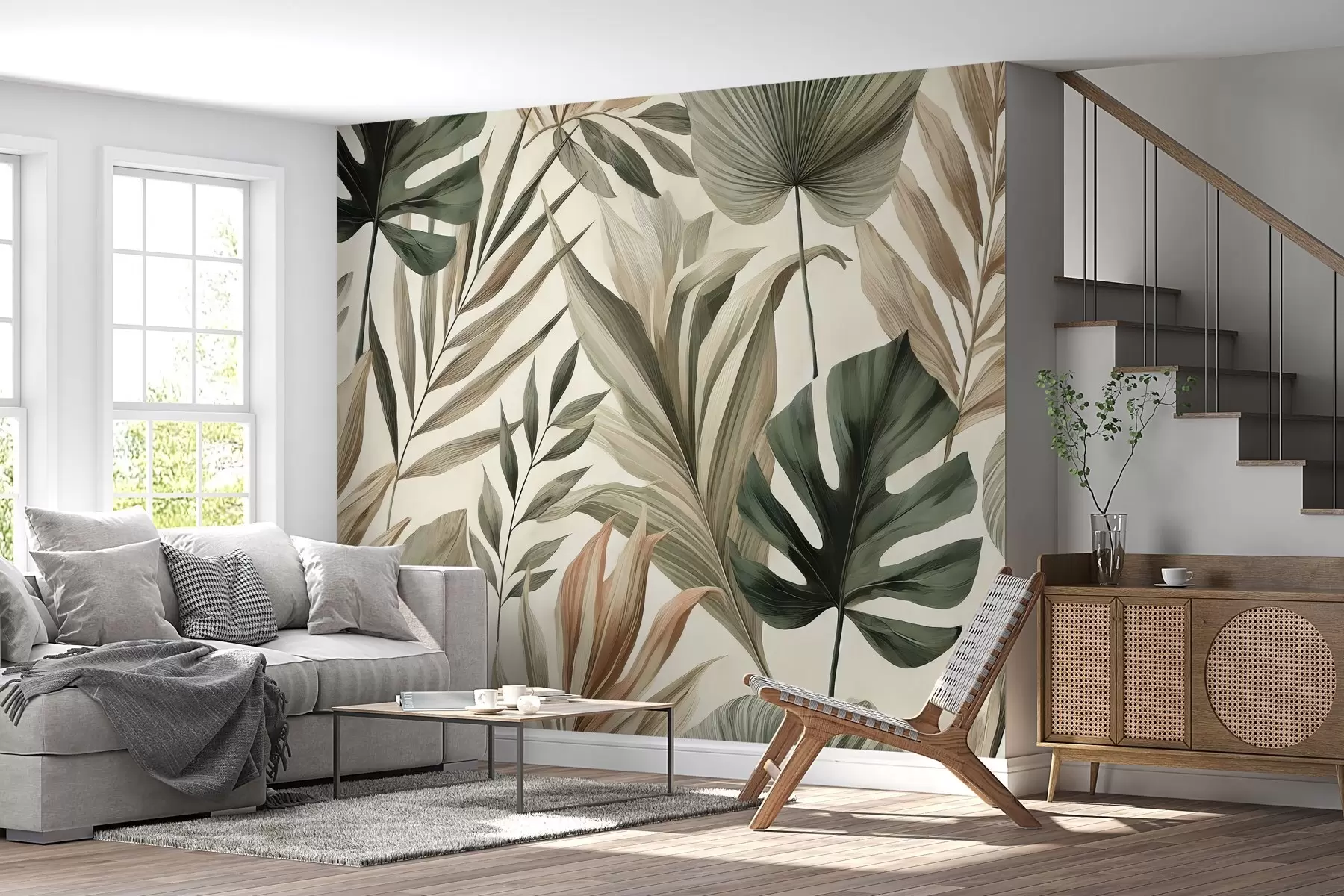 Papier peint Grandes feuilles tropicales dans des tons pastel délicats et sobres w02082