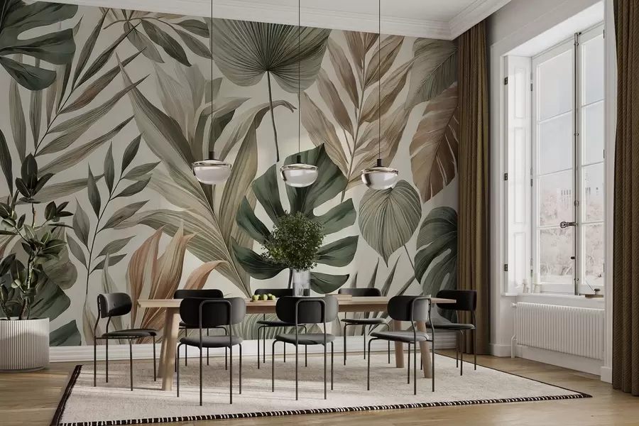 Papier peint Grandes feuilles tropicales dans des tons pastel délicats et sobres w02082