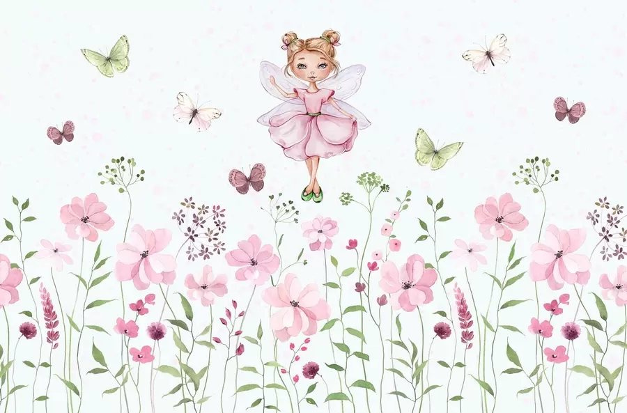 Papier peint Une fée parmi les fleurs et les papillons w01460