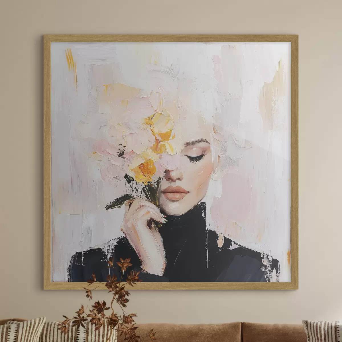 Poster Femme abstraite avec un bouquet de fleurs dans les mains avec des coups de pinceau f41355