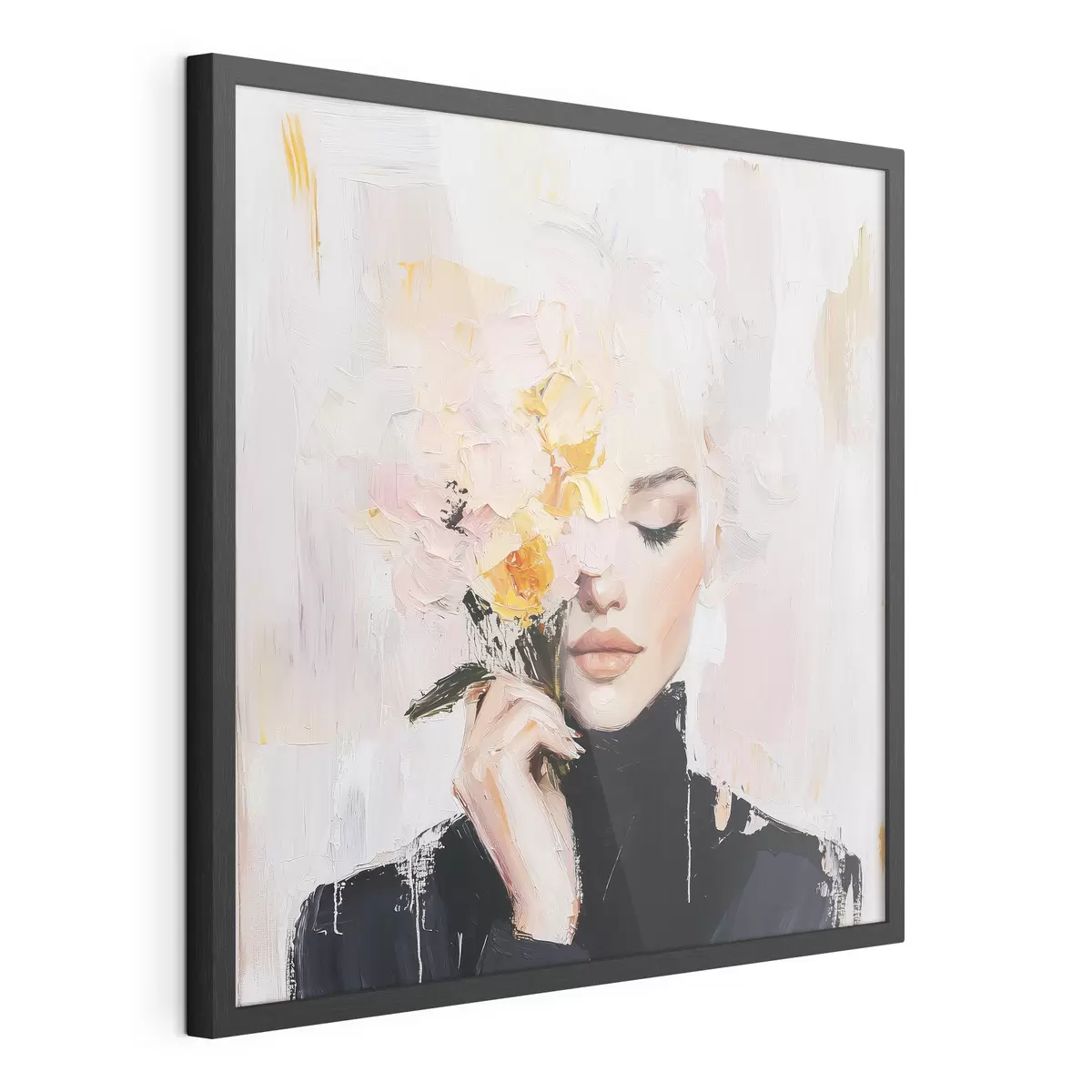 Poster Femme abstraite avec un bouquet de fleurs dans les mains avec des coups de pinceau f41355