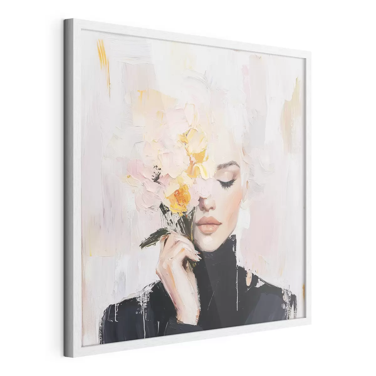 Poster Femme abstraite avec un bouquet de fleurs dans les mains avec des coups de pinceau f41355