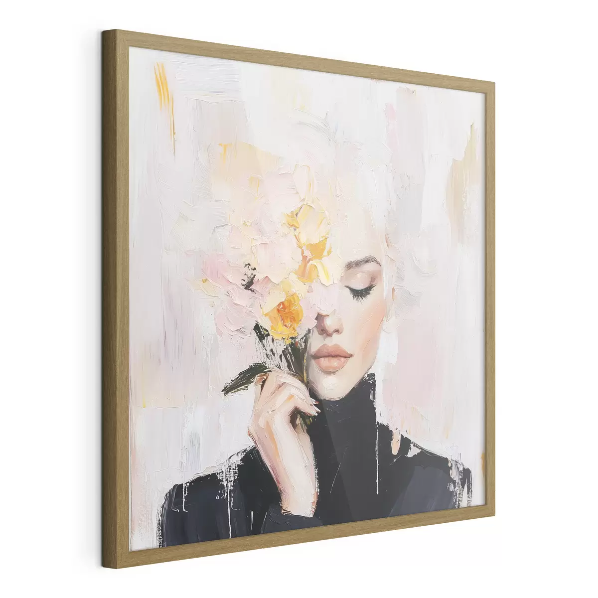 Poster Femme abstraite avec un bouquet de fleurs dans les mains avec des coups de pinceau f41355