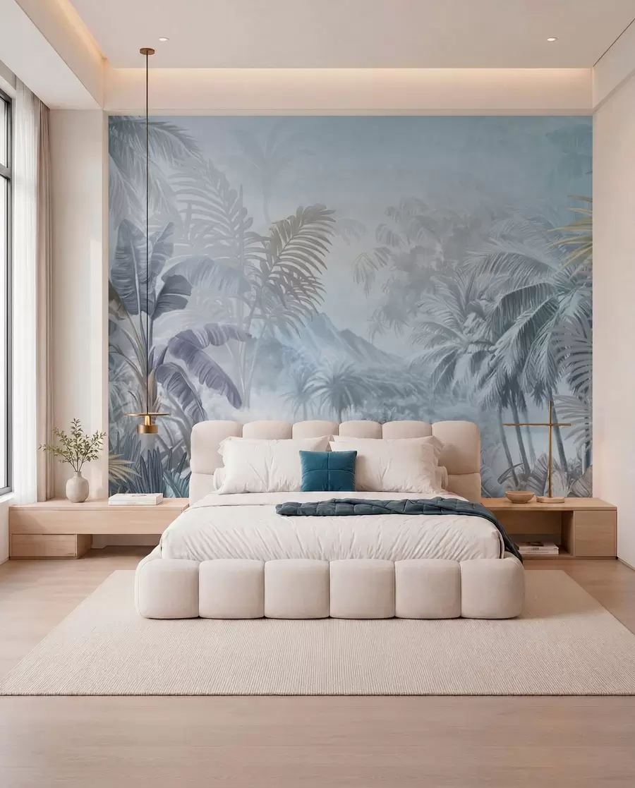 Papier peint Forêt tropicale dans des tons bleus doux w01931