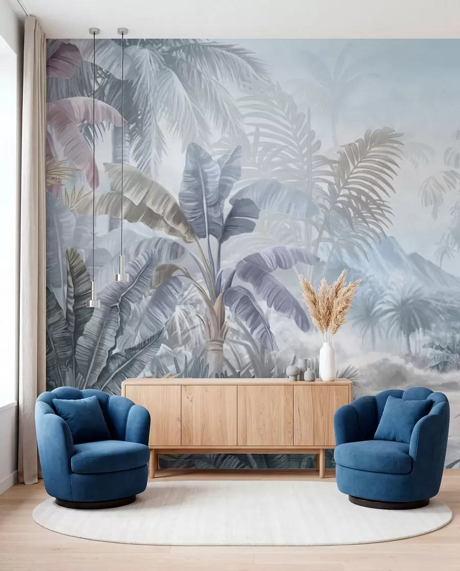 Papier peint Forêt tropicale dans des tons bleus doux w01931